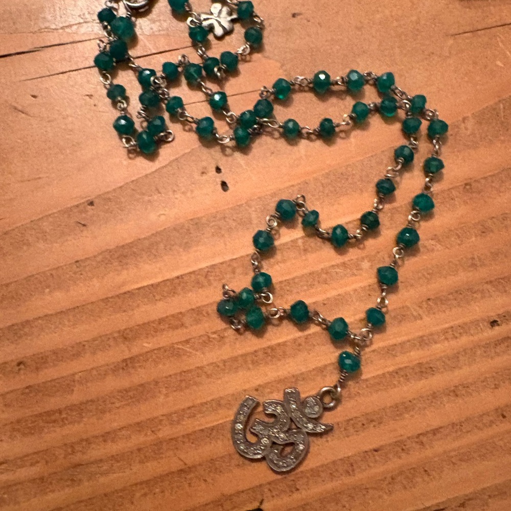 Elegant Green Beaded Necklace with Silver Pendant Pave diamond Buddhist OM